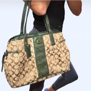 Coach Signature Python Stripe Carryall Tote Bag in Khaki and Green
